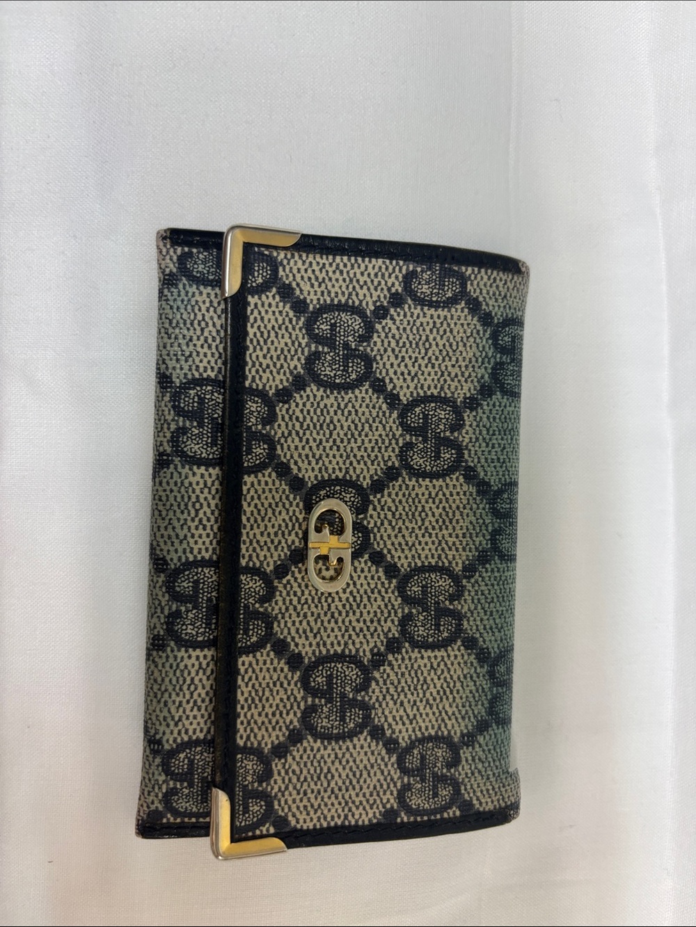 Vintage Gucci Beige with Blue Monogram Card Wallet with Gold Hardware